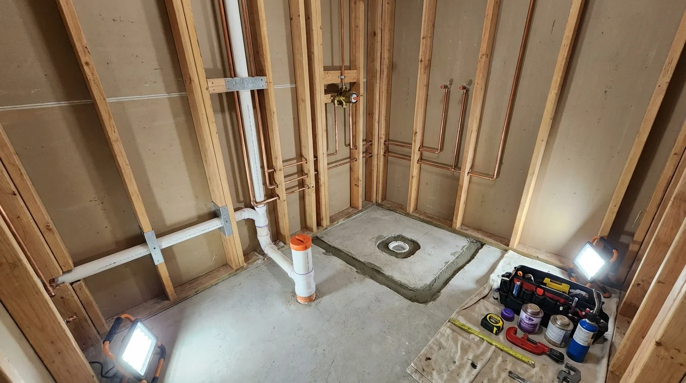 Bathroom rough-in plumbing during remodel by Johns Plumbing LLC in Middlebury