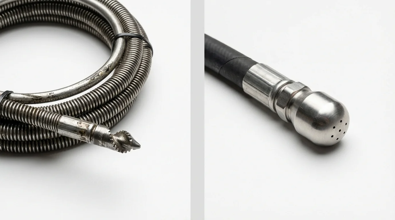 Drain snake cable and hydro jetting nozzle used for drain cleaning in Middlebury, IN
