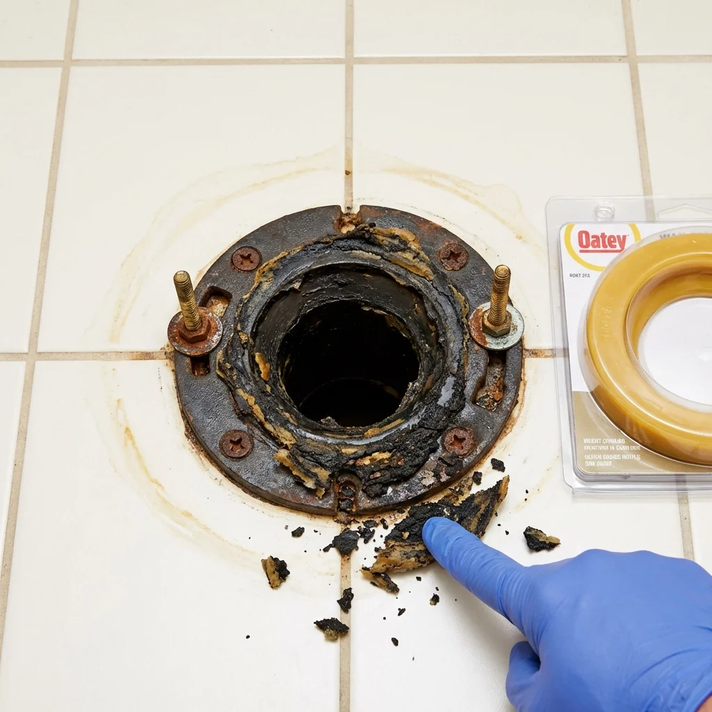 Failed wax ring showing water seepage at the base of a toilet in a Middlebury, IN home