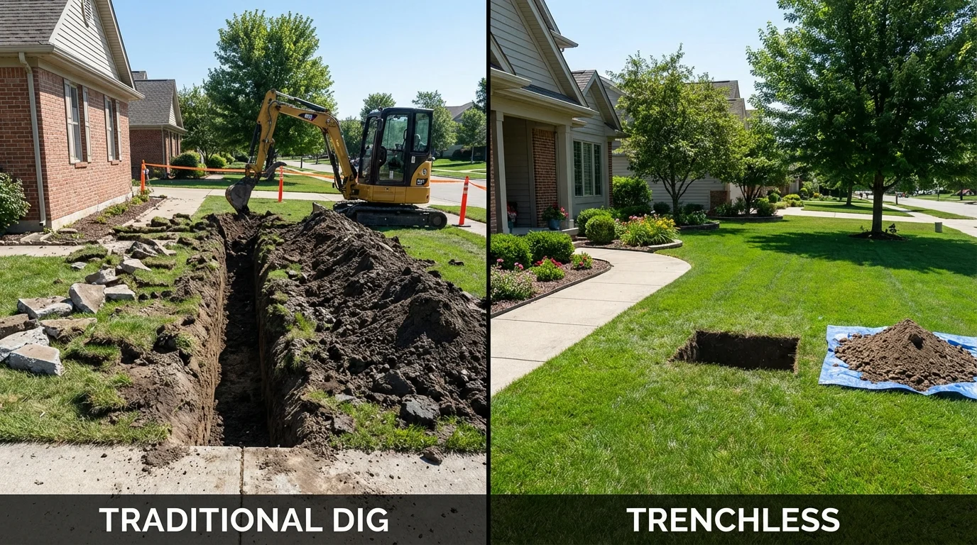 Trenchless sewer repair with minimal yard damage versus traditional excavation in Middlebury, IN