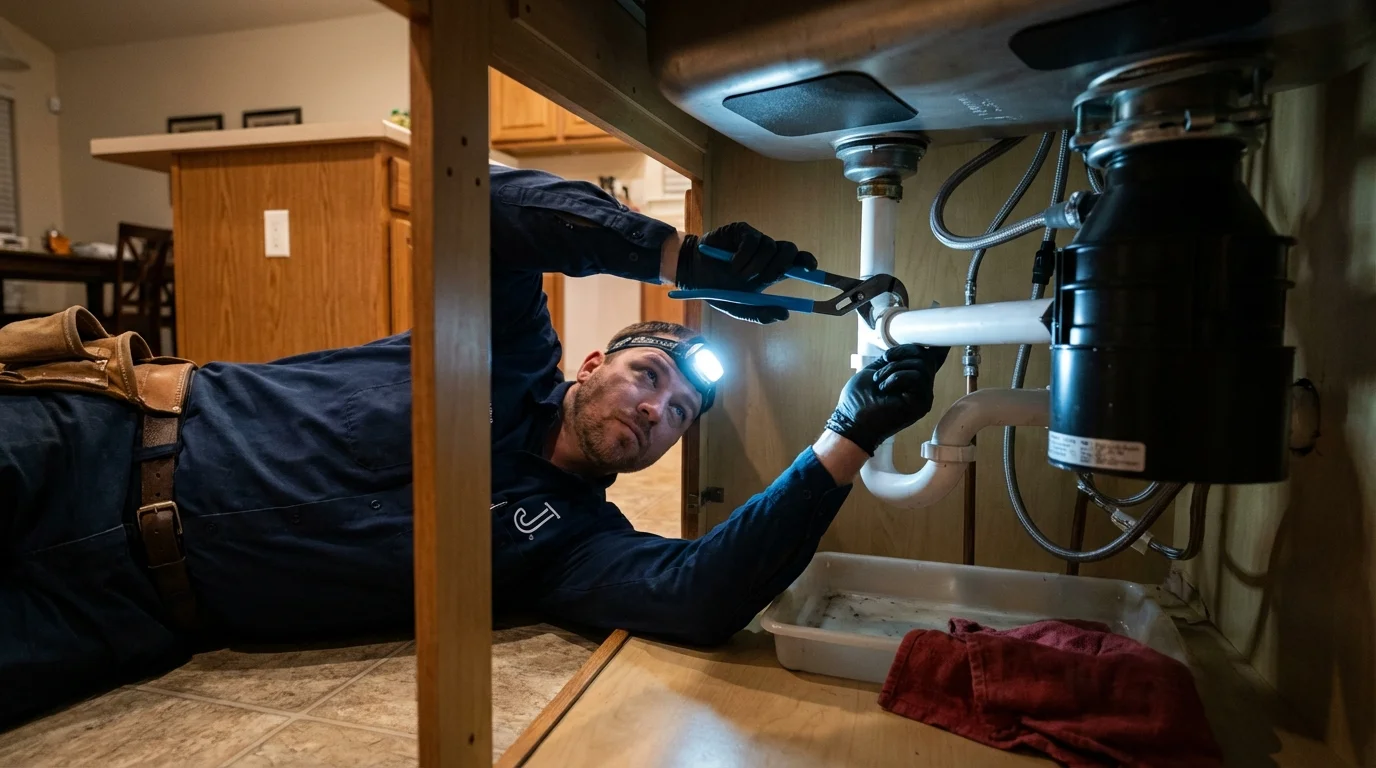 P-trap and supply line connections under a kitchen sink showing a common leak point in Middlebury, IN